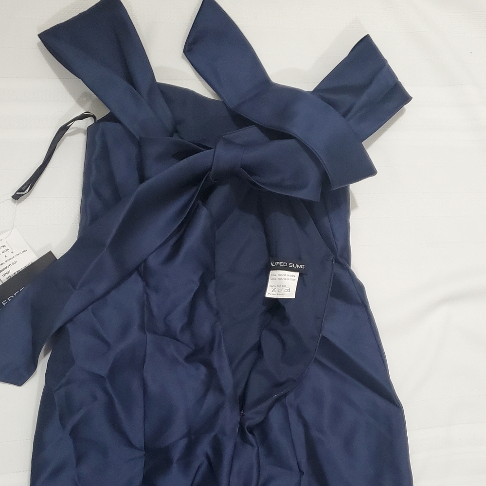 NWT ALFRED SUNG Off-The-Shoulder Bow Back Satin Trumpet Gown in Midnight Navy - Picture 10 of 12